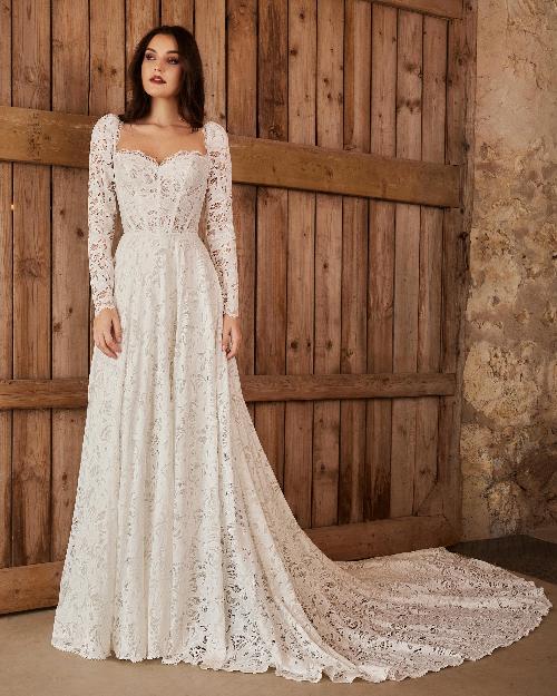 Lp2247 long sleeve boho wedding dress with lace and sweetheart neckline1